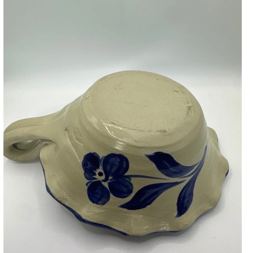 Williamsburg Pottery Salt Glaze Stoneware Chamberstick Candle Holder Blue Floral